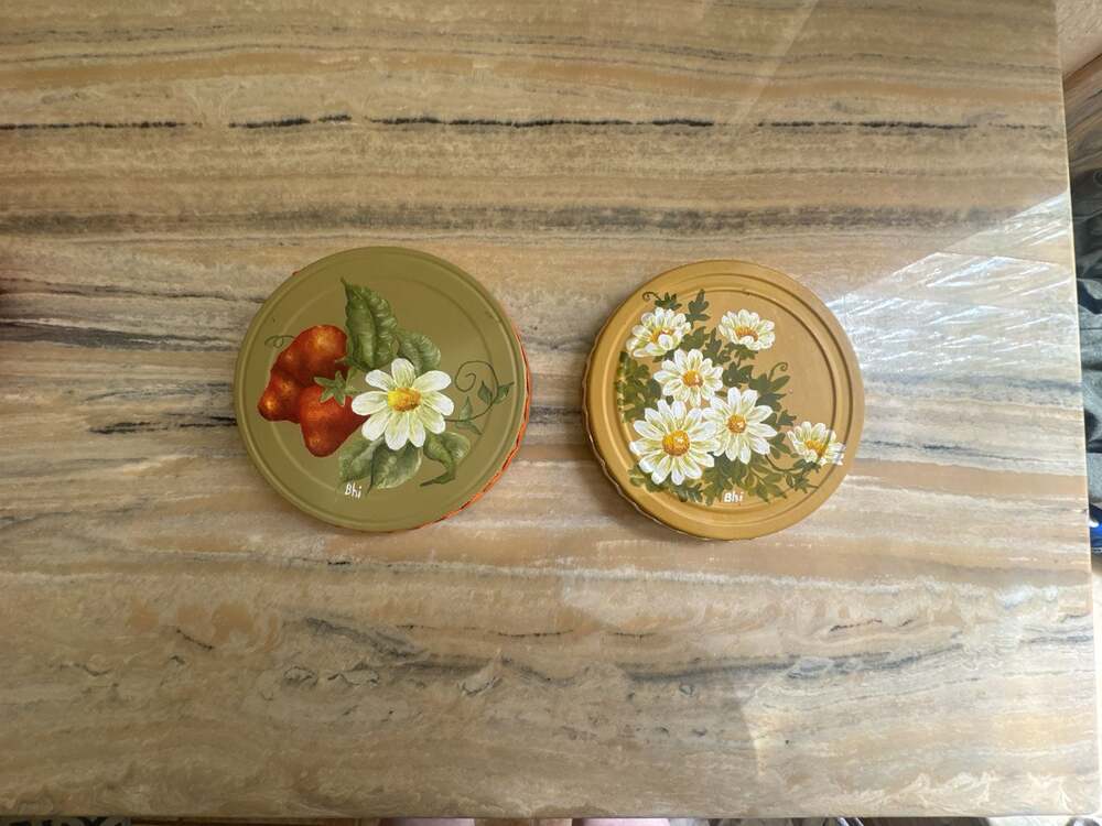 Vintage Hand-Painted Metal Lids with Floral and Strawberry with Rickrack Trim
